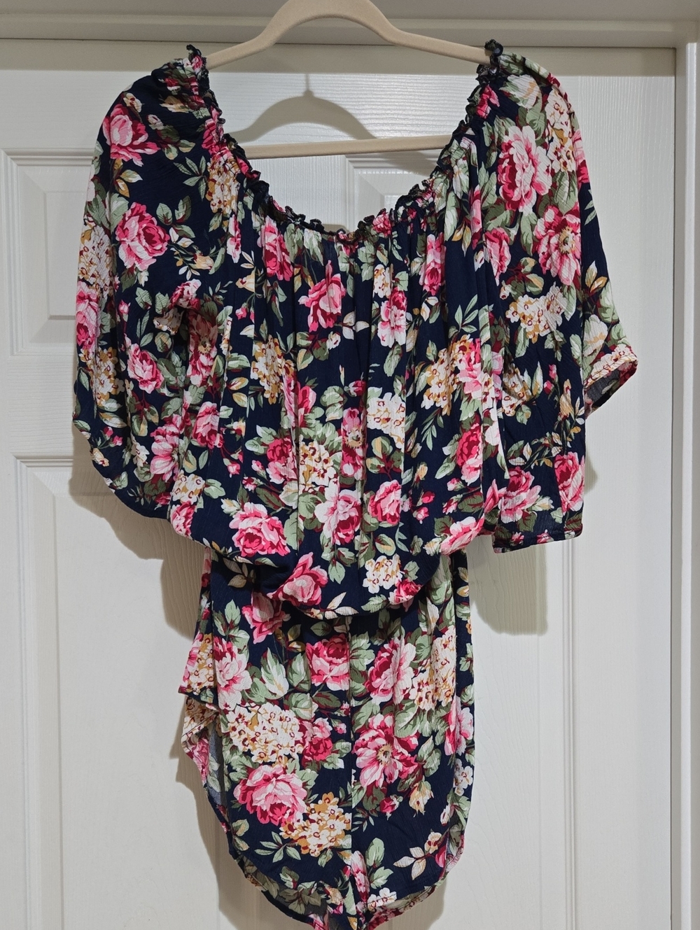 Kori Navy Floral Off-Shoulder Romper Size L